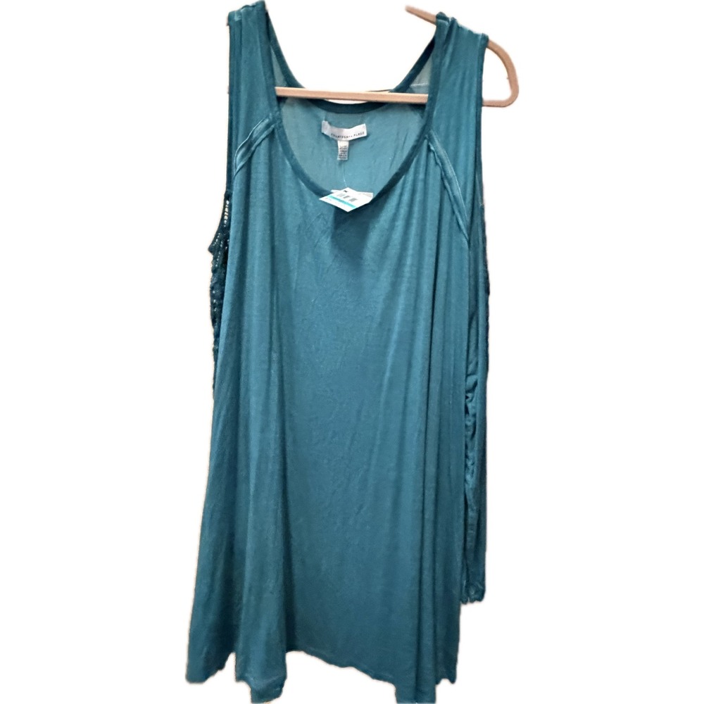 Fourteenth Place Womens 3X Teal Cold Shoulder Lace Crochet Long Sleeve Tunic Top